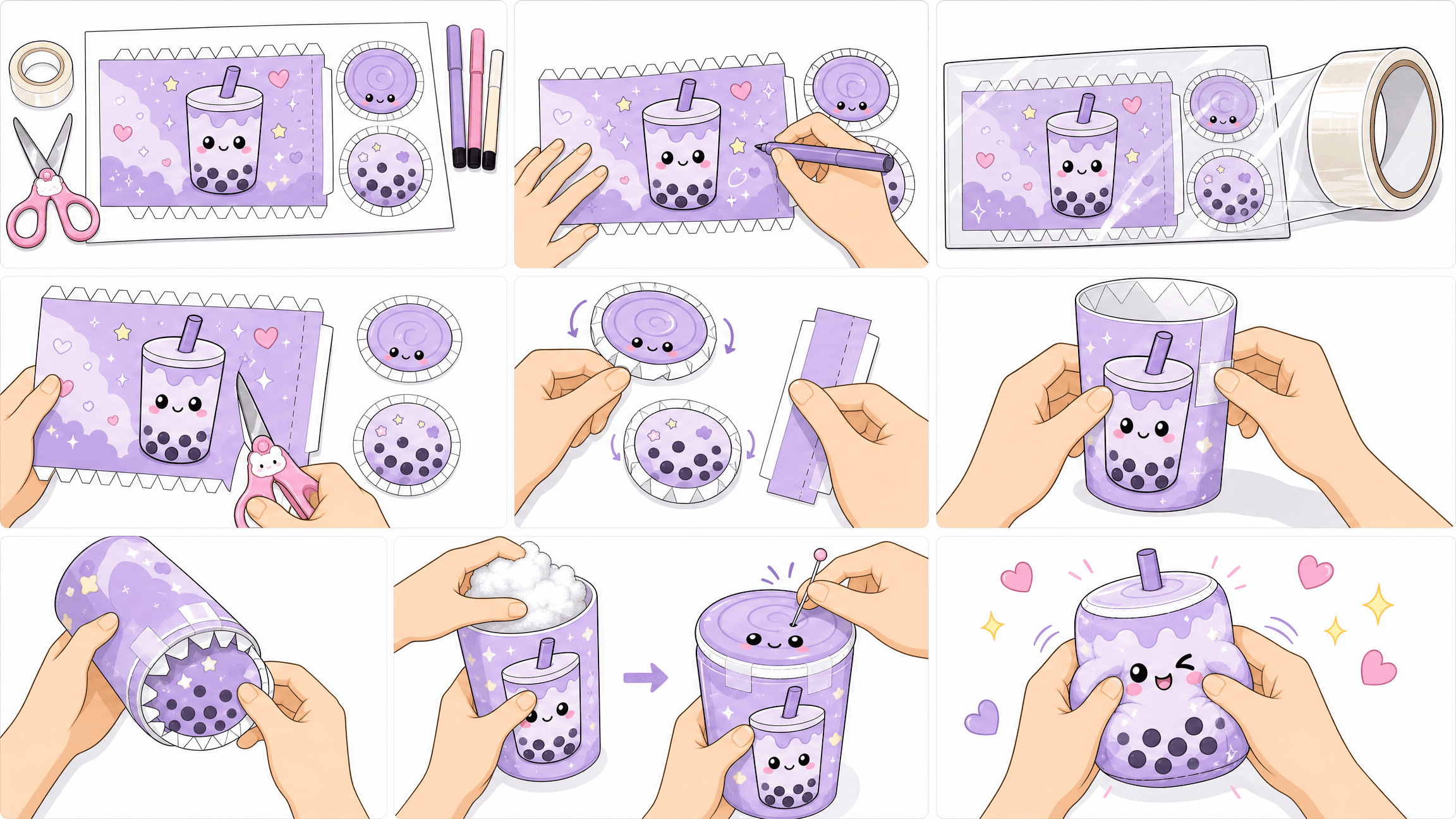 Kawaii Taro Boba Bubble Tea (Silindir Formu) Paper Squishy Yapımı 9 Adımlı LEGO IKEA Tarzı Montaj Şeması (16:9 Kılavuz)