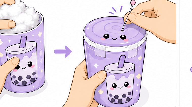 Kawaii Taro Boba Bubble Tea (Silindir Formu) Paper Squishy Yapımı - 8. Adım: Boncuk Elyaf Doldur & Kapağı Kapat ☁️ Kağıt Sukuşi Yapım Aşaması