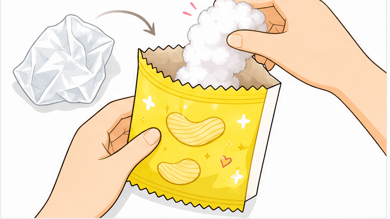 YAY'S Çıtır Cips Paketi Paper Squishy Yapımı - 7. Adım: Gizli Çıtırtı Hilesi: Elyaf ve Poşet Dolgusu ☁️ Kağıt Sukuşi Yapım Aşaması