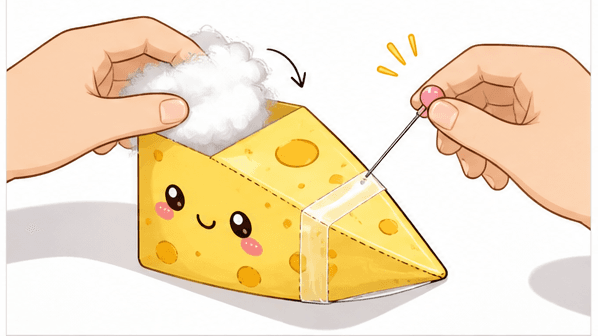 Kawaii İsviçre Peynir Dilimi (Üçgen Prizma) Paper Squishy Yapımı - 8. Adım: Pofuduk Elyaf Doldur & Hava Deliği Aç ☁️ Kağıt Sukuşi Yapım Aşaması