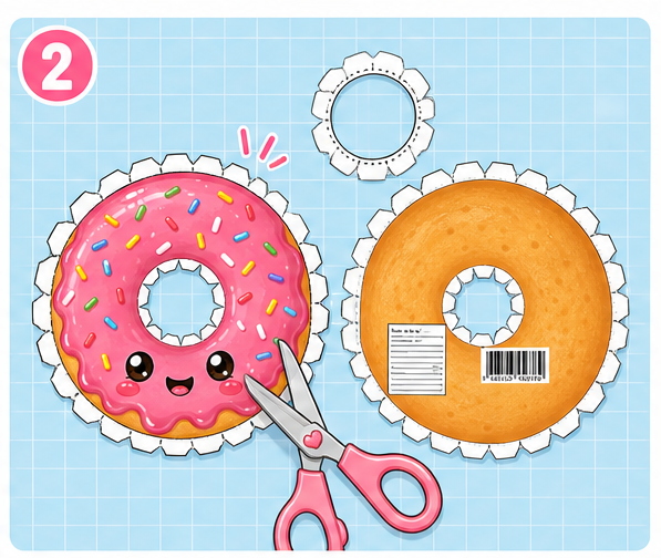 Çilekli Pofuduk Donut Paper Squishy Yapımı - 2. Adım: Lamine Parçaları ve İç Deliği Kes ✂️ Kağıt Sukuşi Yapım Aşaması