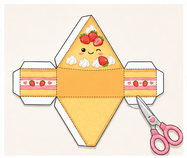 Kawaii Çilekli Pasta Dilimi Paper Squishy Yapımı - 2. Adım: Dış Çizgilerden Makasla Kes ✂️ Kağıt Sukuşi Yapım Aşaması