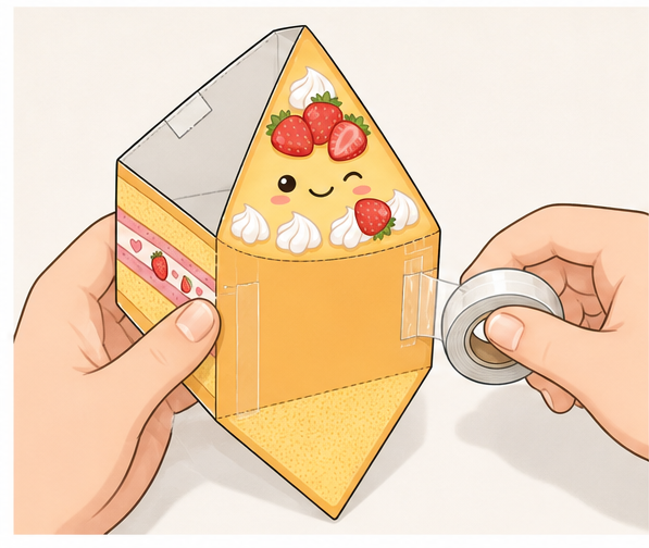 Kawaii Çilekli Pasta Dilimi Paper Squishy Yapımı - 4. Adım: Pasta Yan Duvarlarını Katla & Bantla 🍰 Kağıt Sukuşi Yapım Aşaması
