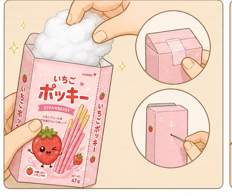 Çilekli Pocky Bisküvi Kutusu Paper Squishy Yapımı - 5. Adım: Boncuk Elyaf Bas & Üst Kapağı Mühürle ☁️ Kağıt Sukuşi Yapım Aşaması