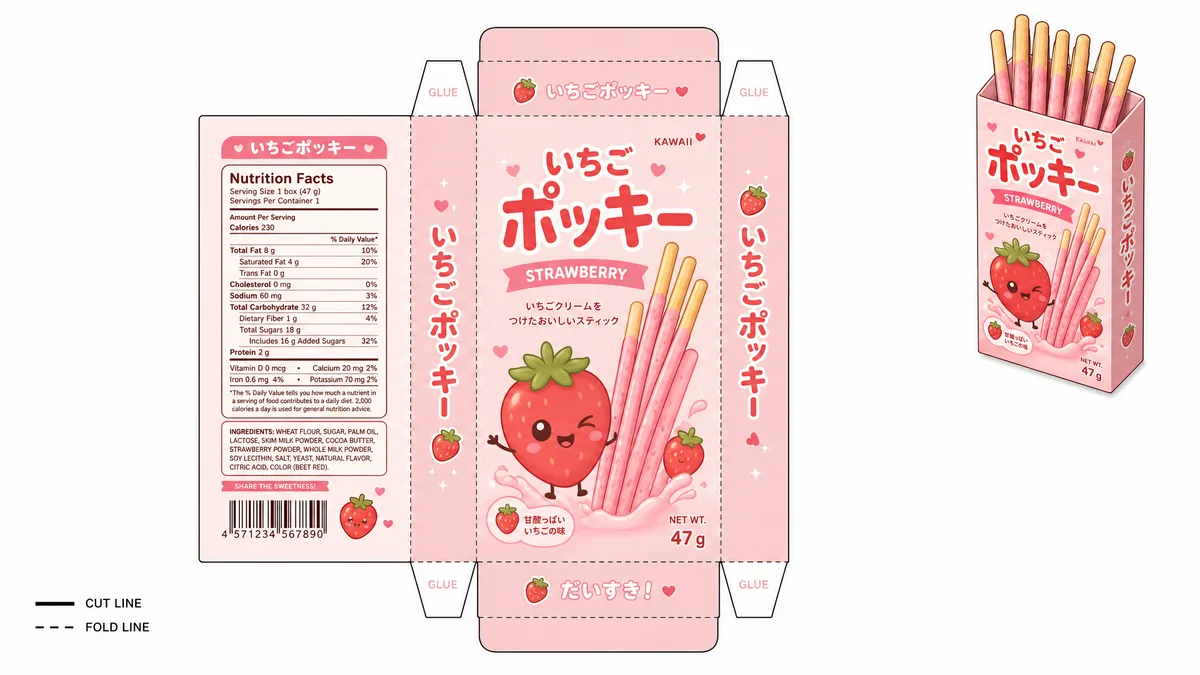 Çilekli Pocky Bisküvi Kutusu Paper Squishy Yapımı - Renkli A4 Baskı Şablonu Önizleme
