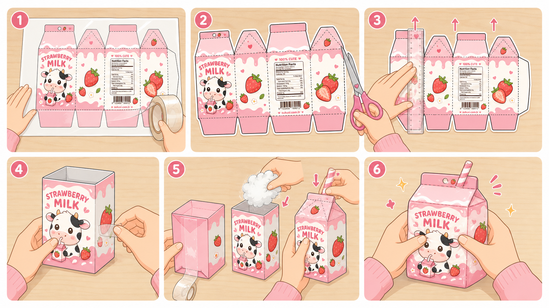 Pastel Çilekli Süt Kutusu Paper Squishy Yapımı 6 Adımlı LEGO IKEA Tarzı Montaj Şeması (16:9 Kılavuz)