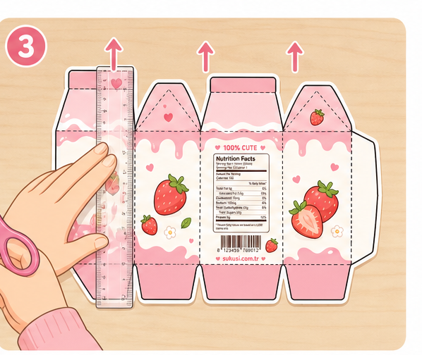 Pastel Çilekli Süt Kutusu Paper Squishy Yapımı - 3. Adım: Çatıyı ve Kulakçıkları Cetvelle Katla 📐 Kağıt Sukuşi Yapım Aşaması