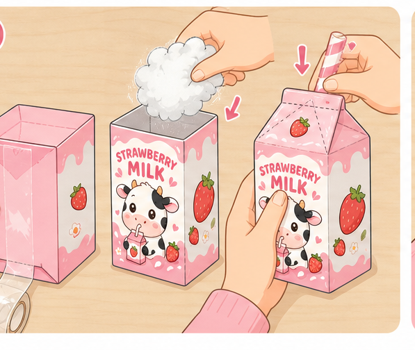 Pastel Çilekli Süt Kutusu Paper Squishy Yapımı - 5. Adım: Tabanı Kapat, Elyaf Doldur & Çatıyı Kapat 🍓 Kağıt Sukuşi Yapım Aşaması
