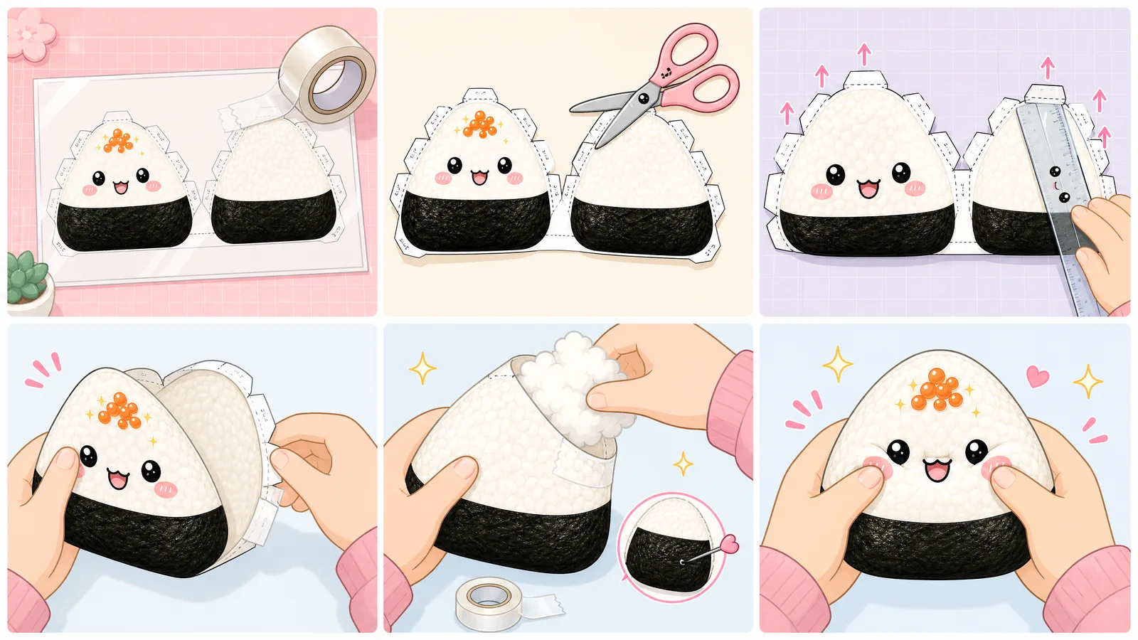 Sevimli Japon Onigiri Pirinç Topu Paper Squishy Yapımı - 6 Adımlı Görsel Katlama ve Montaj Kılavuzu