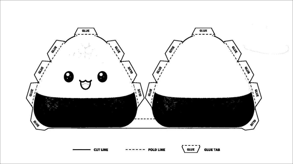 Sevimli Japon Onigiri Pirinç Topu Paper Squishy Yapımı - Siyah Beyaz Boyama Sayfası Şablonu Önizleme