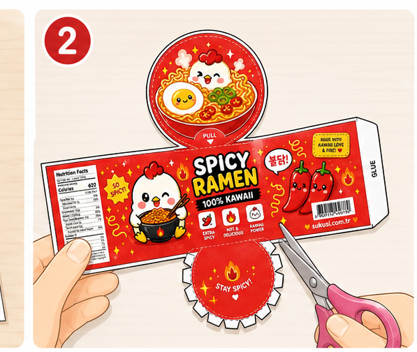 Kawaii Acı Kore Ramen Kasesi Paper Squishy Yapımı - 2. Adım: Lamine Parçaları Dış Çizgilerden Kes ✂️ Kağıt Sukuşi Yapım Aşaması