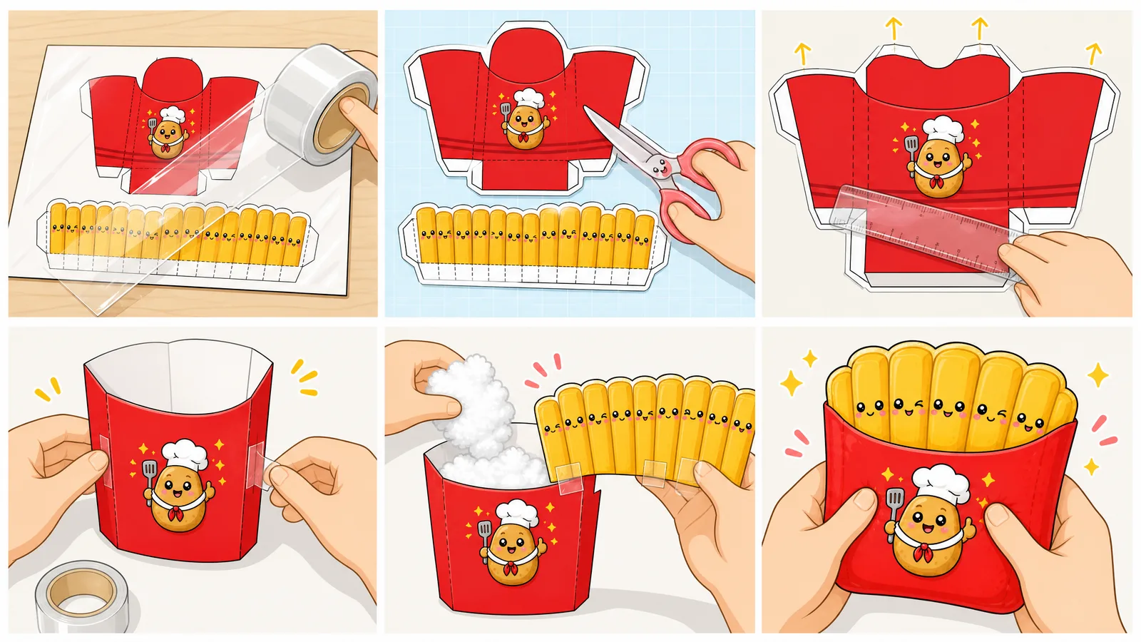 Çıtır Kawaii Patates Kızartması Kutusu Paper Squishy Yapımı - 6 Adımlı Görsel Katlama ve Montaj Kılavuzu