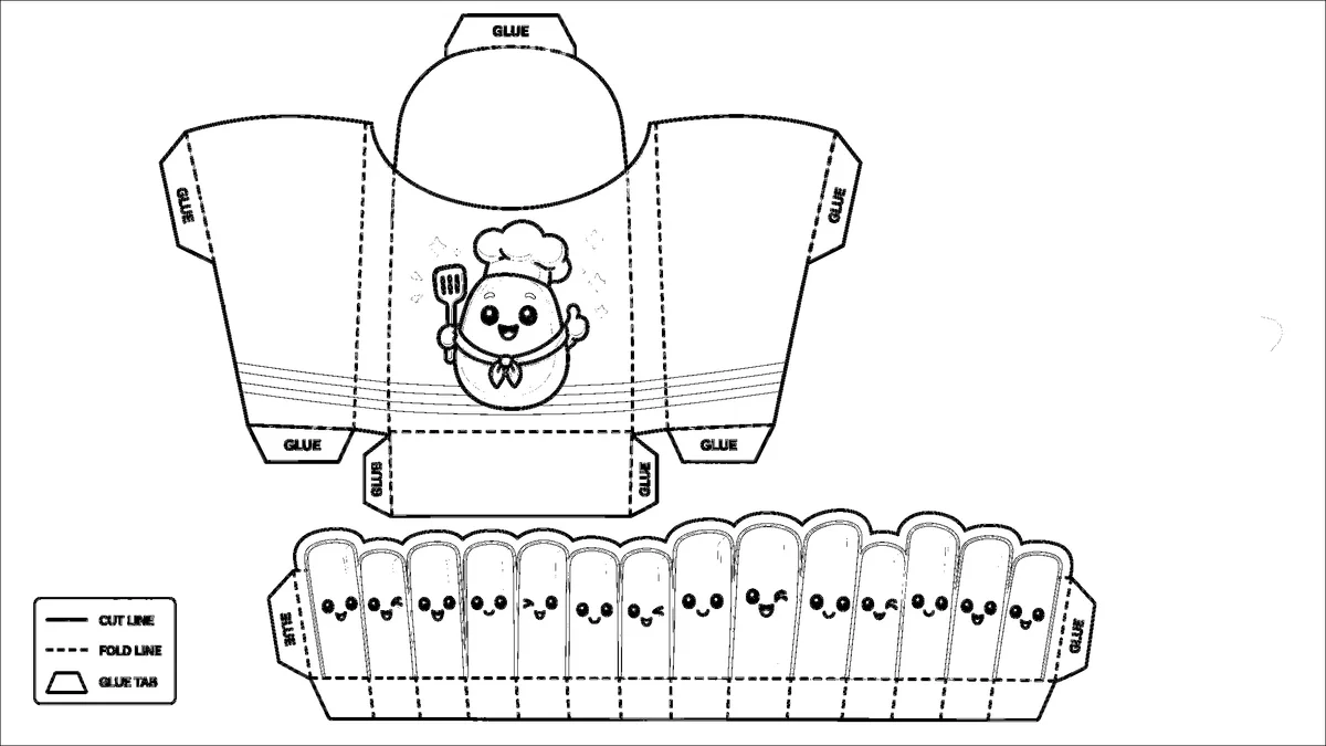 Çıtır Kawaii Patates Kızartması Kutusu Paper Squishy Yapımı - Siyah Beyaz Boyama Sayfası Şablonu Önizleme