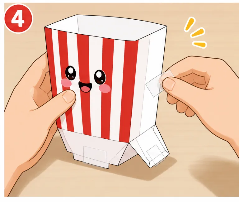 Çıtır Sinema Patlamış Mısır Kovası Paper Squishy Yapımı - 4. Adım: Yan Dikişi ve Tabanı Bantlayıp Kovayı Oluştur 🍿 Kağıt Sukuşi Yapım Aşaması