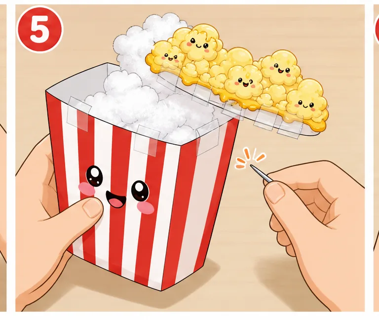Çıtır Sinema Patlamış Mısır Kovası Paper Squishy Yapımı - 5. Adım: Boncuk Elyaf Doldur & Mısır Kümesini Üste Bantla ☁️ Kağıt Sukuşi Yapım Aşaması