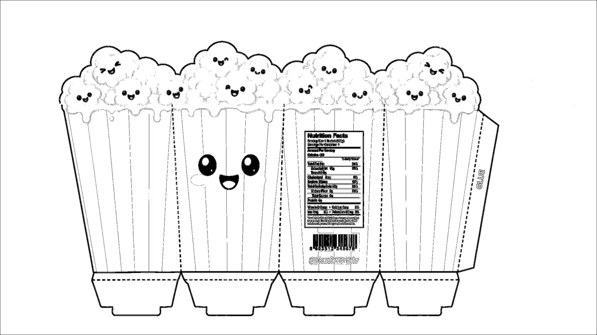 Çıtır Sinema Patlamış Mısır Kovası Paper Squishy Yapımı - Siyah Beyaz Boyama Sayfası Şablonu Önizleme