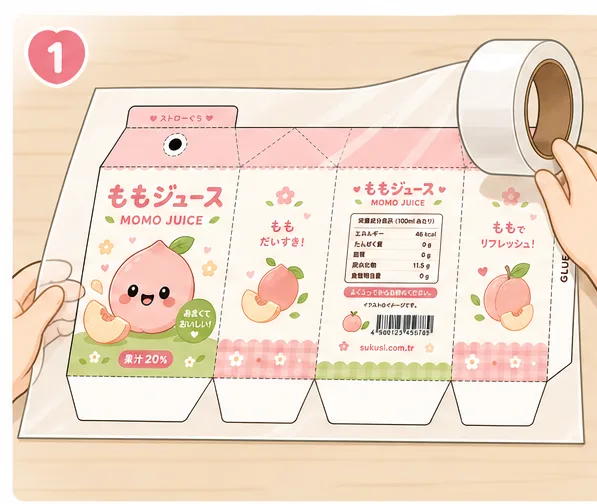 Kawaii Japon Şeftali Suyu Kutusu Paper Squishy Yapımı - 1. Adım: Şablonu Masaya Ser & Çift Yönlü Lamine Et ✨ Kağıt Sukuşi Yapım Aşaması
