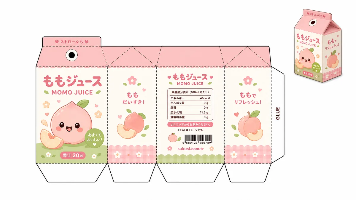 Kawaii Japon Şeftali Suyu Kutusu Paper Squishy Yapımı - Renkli A4 Baskı Şablonu Önizleme