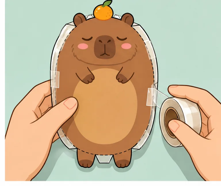Kafasında Mandalinalı Sevimli Kapibara Paper Squishy Yapımı - 4. Adım: Baş, Mandalina ve Yan Kenarları Bantla 🦫 Kağıt Sukuşi Yapım Aşaması