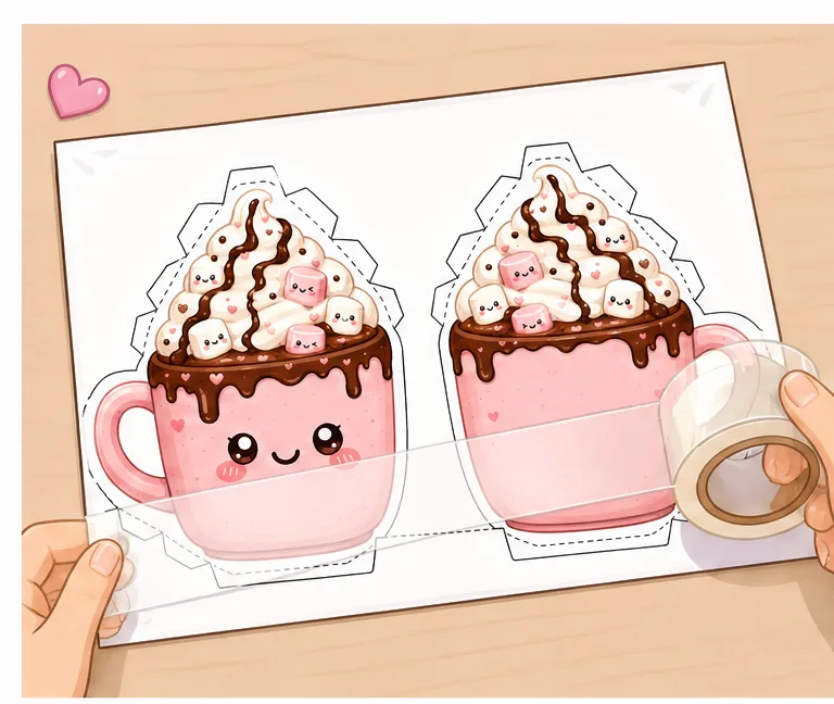 Marshmallowlu Sevimli Sıcak Çikolata Kupası Paper Squishy Yapımı - 1. Adım: Şablonu Masaya Ser & Çift Yönlü Lamine Et ✨ Kağıt Sukuşi Yapım Aşaması
