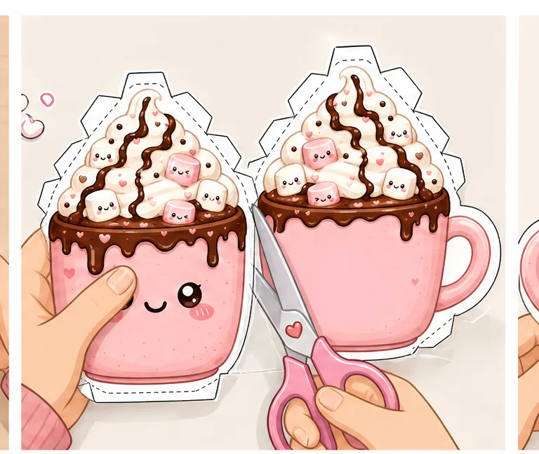 Marshmallowlu Sevimli Sıcak Çikolata Kupası Paper Squishy Yapımı - 2. Adım: Kulplu Kupa ve Krema Siluetini Kes ✂️ Kağıt Sukuşi Yapım Aşaması