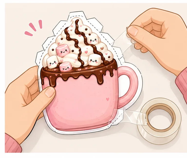 Marshmallowlu Sevimli Sıcak Çikolata Kupası Paper Squishy Yapımı - 4. Adım: Kulp, Yan Kenarlar ve Krema Tepesini Bantla ☕ Kağıt Sukuşi Yapım Aşaması