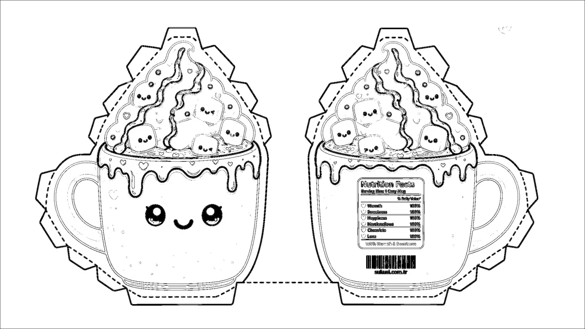 Marshmallowlu Sevimli Sıcak Çikolata Kupası Paper Squishy Yapımı - Siyah Beyaz Boyama Sayfası Şablonu Önizleme