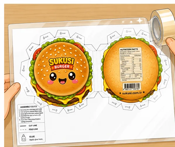 Sukusi.com Cheeseburger Paper Squishy Yapımı - 1. Adım: Şablonu Masaya Ser & Çift Yönlü Lamine Et ✨ Kağıt Sukuşi Yapım Aşaması