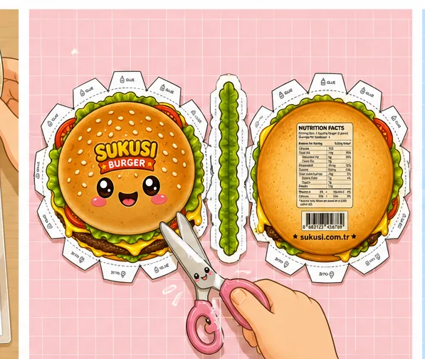 Sukusi.com Cheeseburger Paper Squishy Yapımı - 2. Adım: Burger Kalıbını ve Kulakçıkları Hassasça Kes ✂️ Kağıt Sukuşi Yapım Aşaması