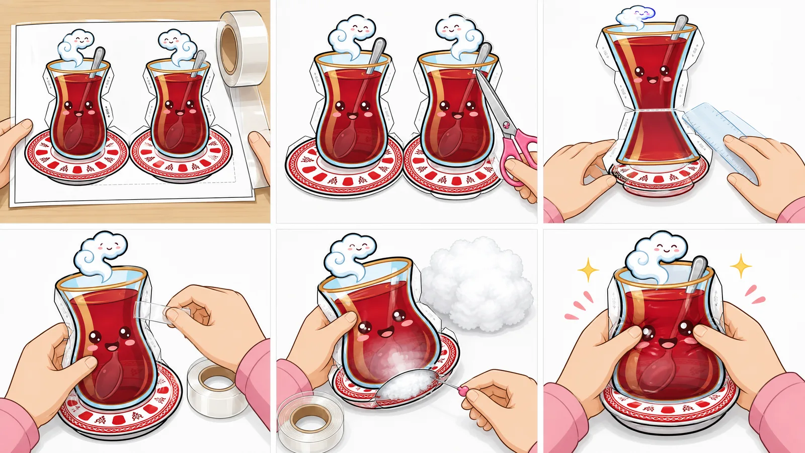 Sevimli İnce Belli Türk Çayı Paper Squishy Yapımı - 6 Adımlı Görsel Katlama ve Montaj Kılavuzu