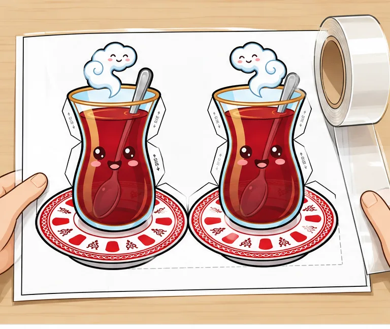 Sevimli İnce Belli Türk Çayı Paper Squishy Yapımı - 1. Adım: Şablonu Masaya Ser & Çift Yönlü Lamine Et ✨ Kağıt Sukuşi Yapım Aşaması