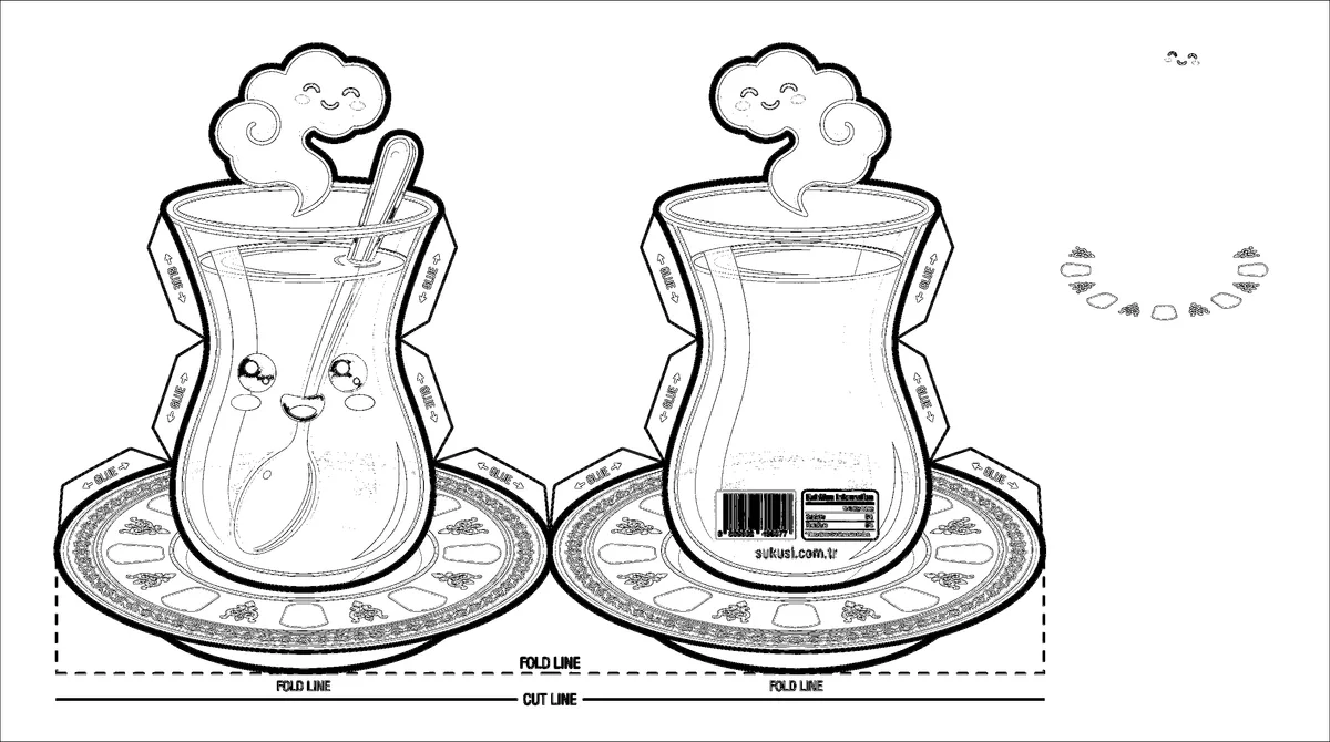 Sevimli İnce Belli Türk Çayı Paper Squishy Yapımı - Siyah Beyaz Boyama Sayfası Şablonu Önizleme